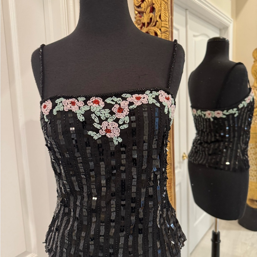 Elegant Attitudes by Debra Black hand Beaded camisole top with Floral Accents - Picture 3 of 6